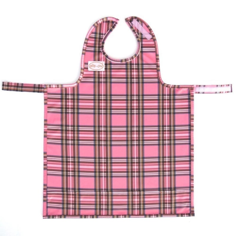 BIB-ON, Full-Coverage Bib and Apron Combination for Infant, Baby, Toddler Ages 0-4. (Pink Plaid) - Image 1